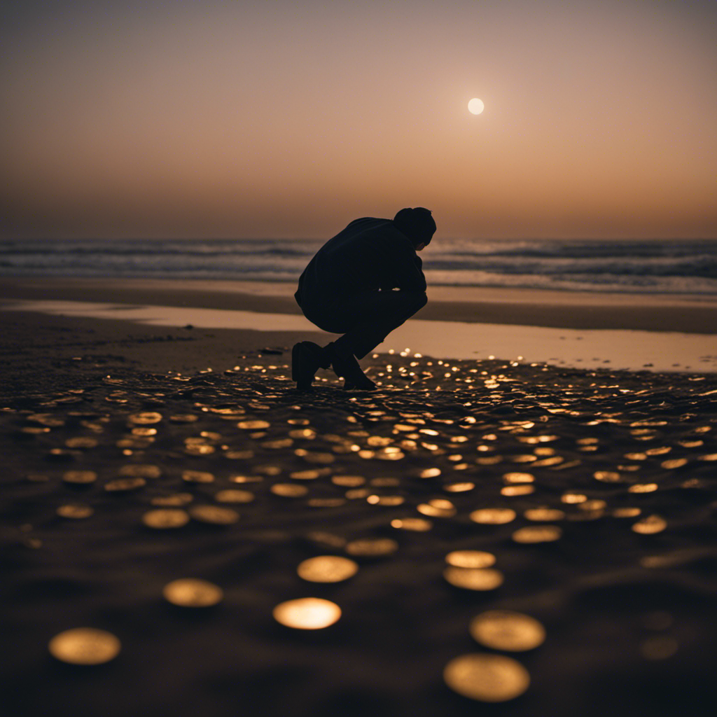 An image that depicts a serene nighttime scene with a person standing on a moonlit beach, gently digging in the sand