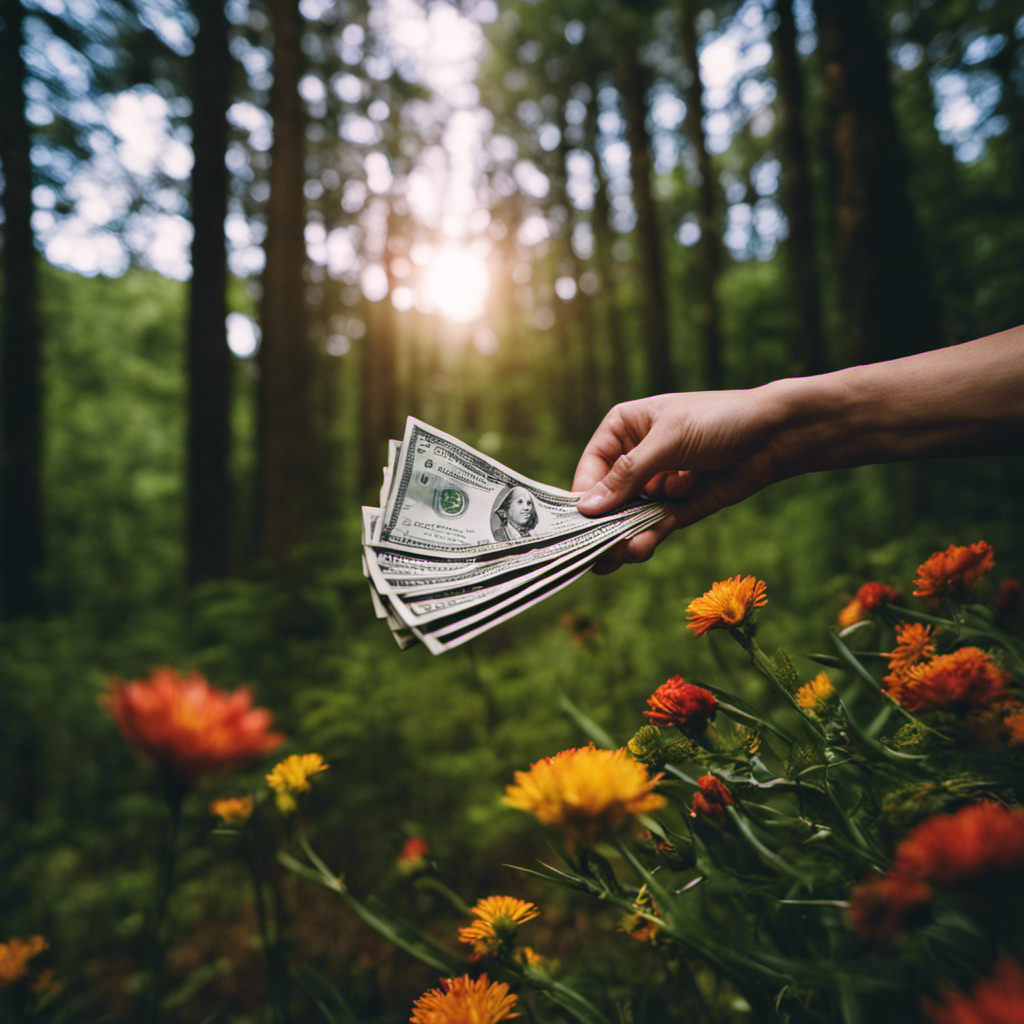 An image showcasing a person's outstretched hand, delicately holding a vibrant bouquet of dollar bills, as they stand at the edge of a vast, unexplored forest, symbolizing the boundless opportunities and possibilities that come with discovering money in dreams