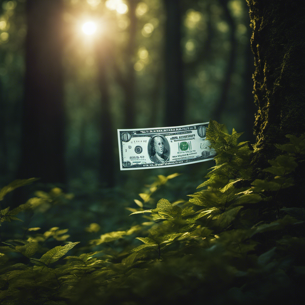 An image depicting a serene moonlit forest with a hidden clearing, where a single, glowing dollar bill floats mid-air