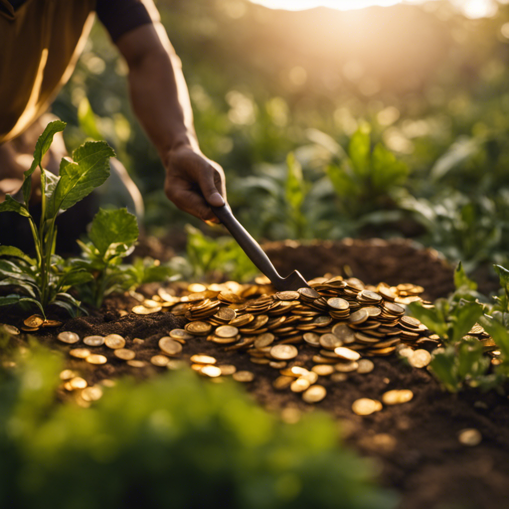 An image depicting a serene landscape at sunrise, where a person is seen digging in a lush garden, unearthing a multitude of shimmering gold coins