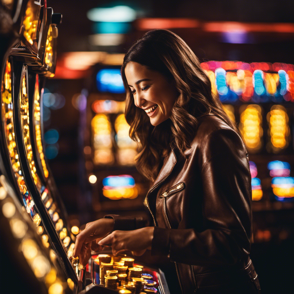 An image of a person with a beaming smile, surrounded by flashing lights and cascading coins, as they ecstatically pull the lever of a slot machine, symbolizing the exhilarating moment of winning money and the confidence it brings