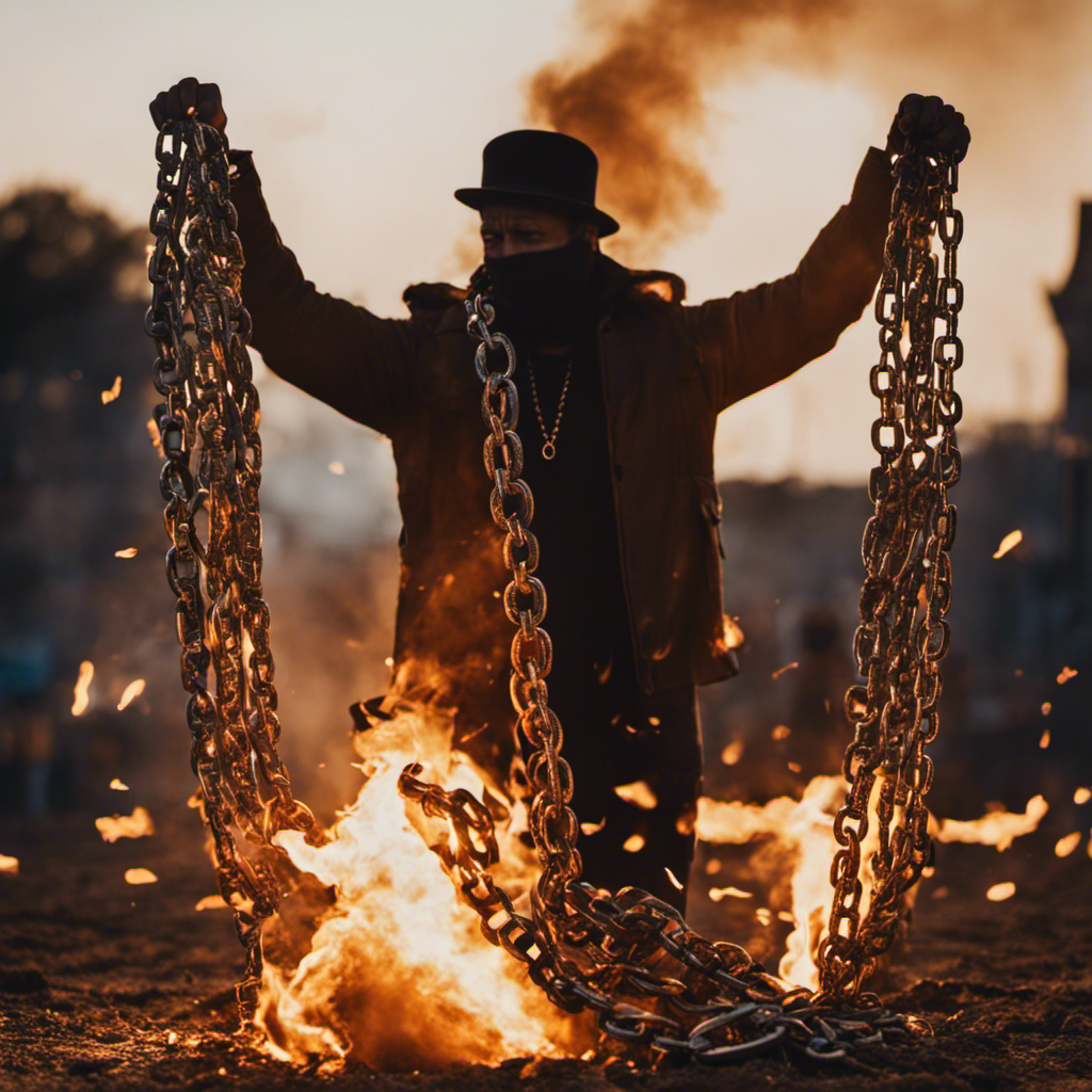 An image showcasing a person breaking free from chains made of burning money, symbolizing the liberation from materialistic desires and the pursuit of true freedom and happiness