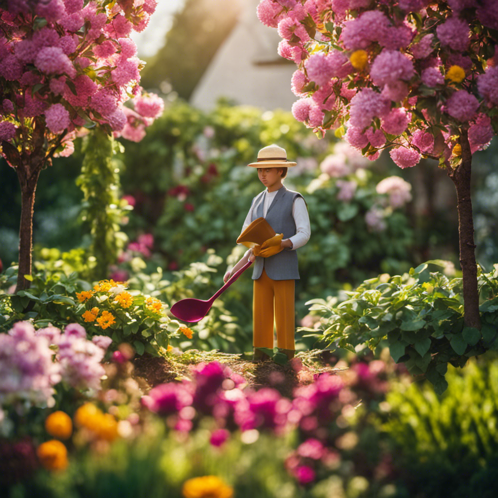 An image depicting a person standing at the edge of a lush, blooming garden, holding a shovel and planting a stack of money