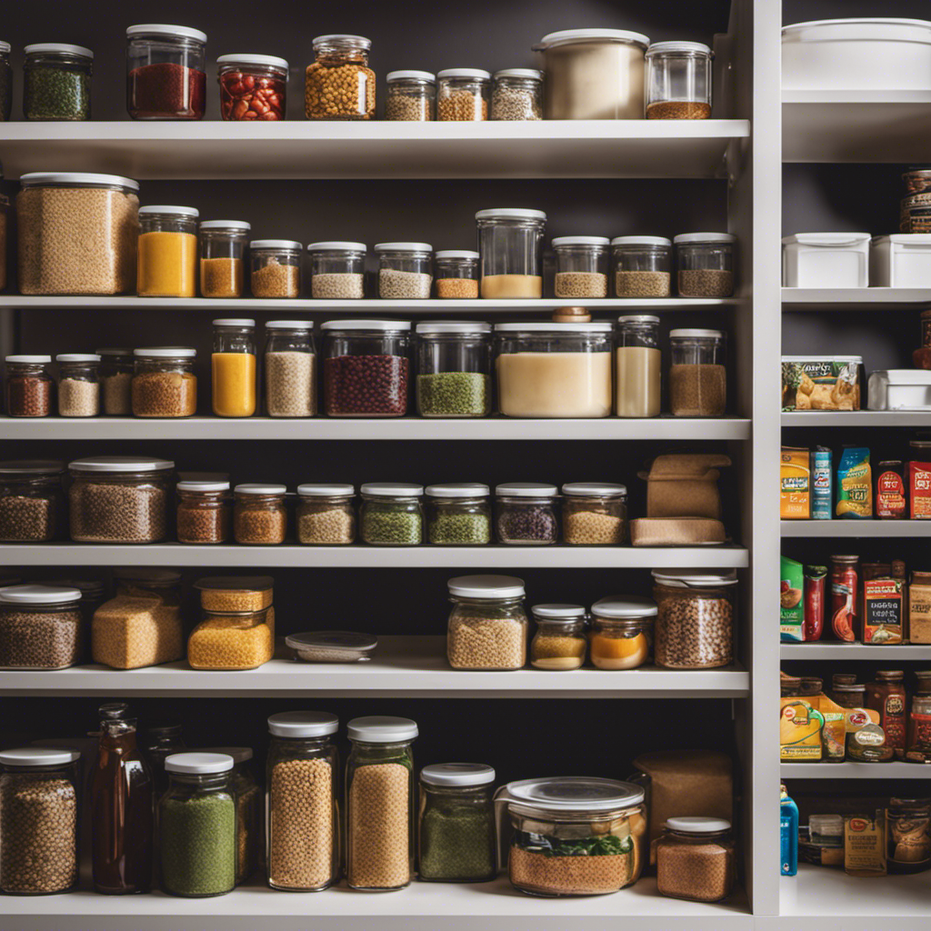 An image capturing a well-stocked pantry, displaying shelves adorned with neatly organized containers of non-perishable food items, cleaning supplies, toiletries, and household essentials, depicting preparedness beyond Amazon Prime Day