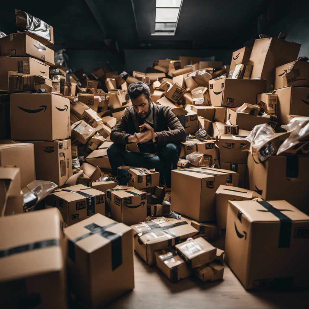 An image depicting a cluttered room filled with unopened Amazon packages, abandoned in disarray