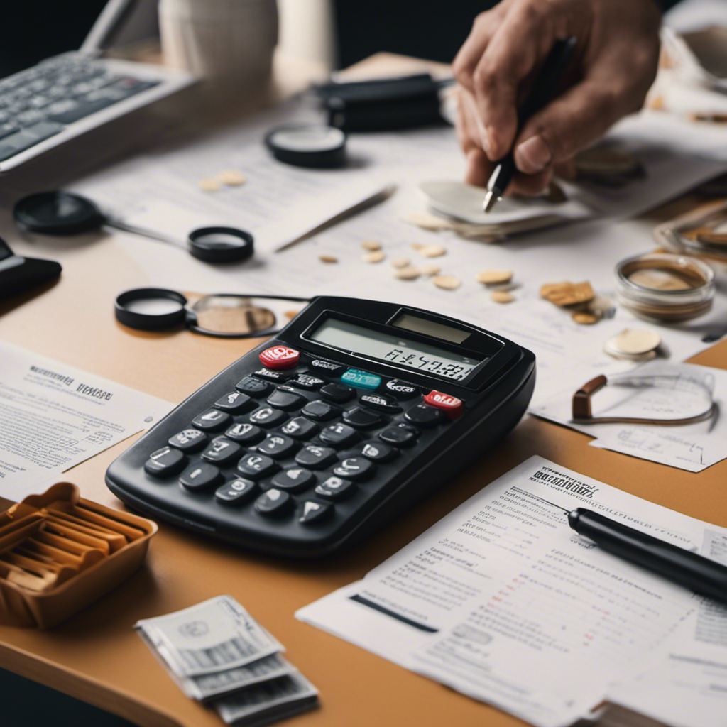 An image depicting a person meticulously comparing price tags, quality, and reviews of products, surrounded by a cluttered desk with a magnifying glass, calculator, and a checklist