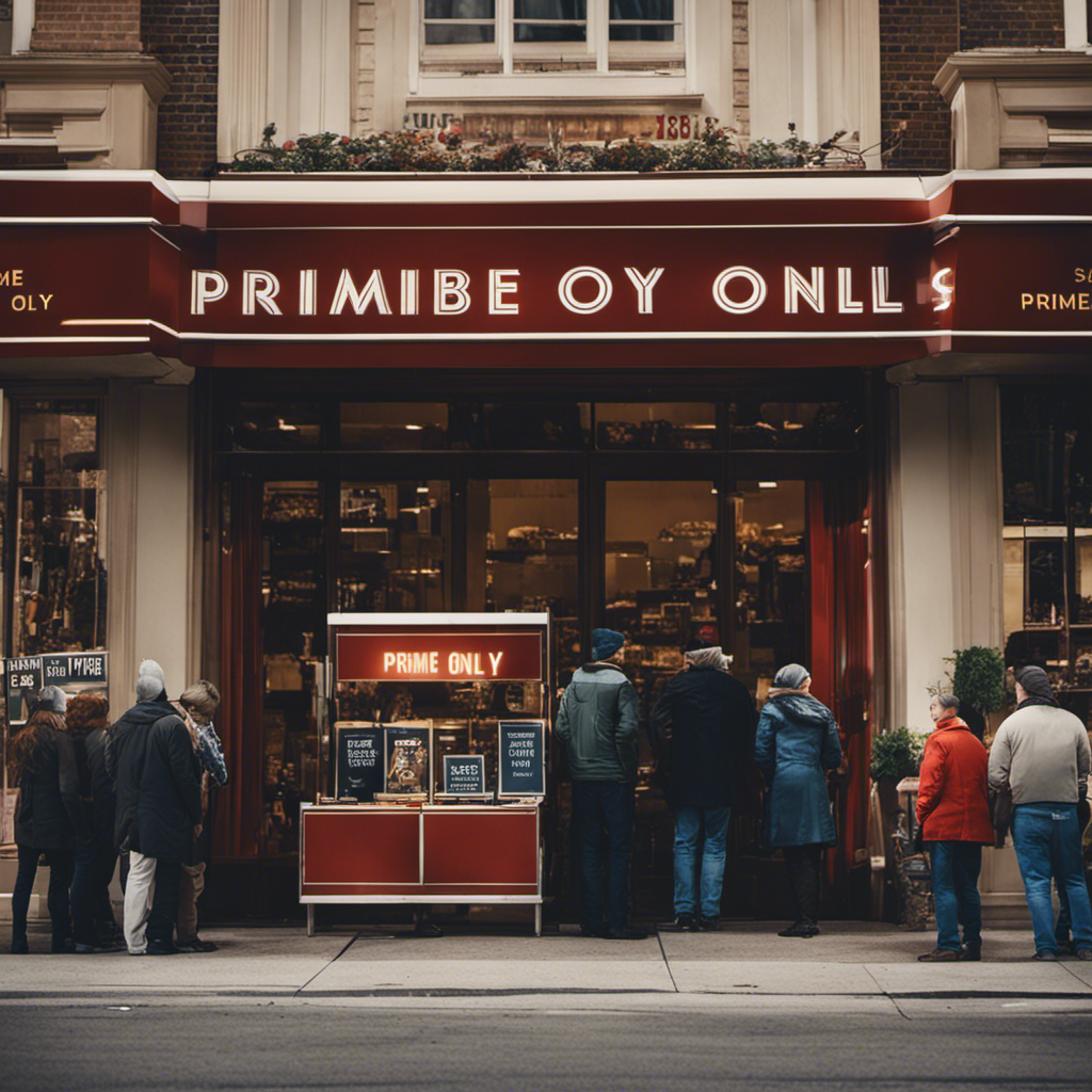 An image depicting a diverse group of shoppers looking disappointedly at a barricaded entrance labeled "Prime Members Only," while outside the store, a sign displays "Exclusive Deals for Prime Members