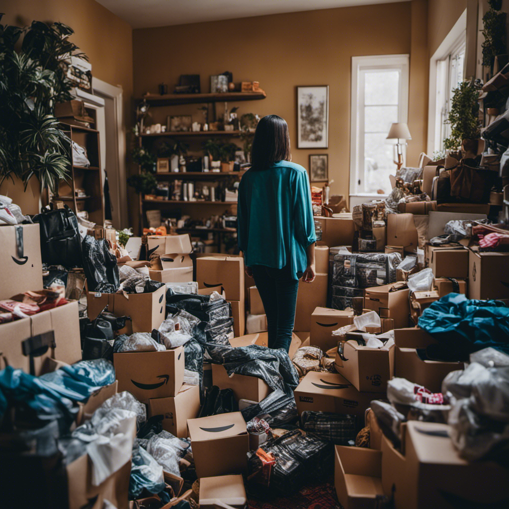 An image that depicts a person standing confidently amidst a cluttered room filled with unused Amazon Prime Day purchases, showcasing the contrast between intentional shopping and avoiding regret