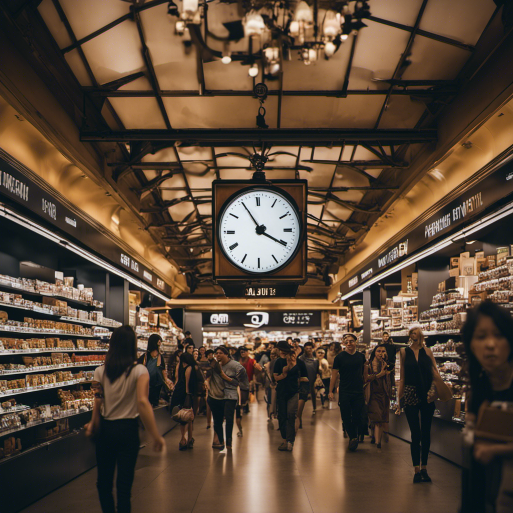 An image depicting a clock running out of time, surrounded by a swarm of shoppers desperately reaching for products