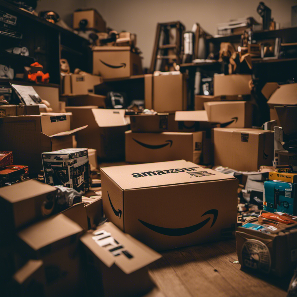  Create an image that depicts a cluttered room with open Amazon boxes, discarded items, and a frustrated person resisting the urge to click the "Buy Now" button, emphasizing the importance of avoiding impulse buying on Amazon Prime Day