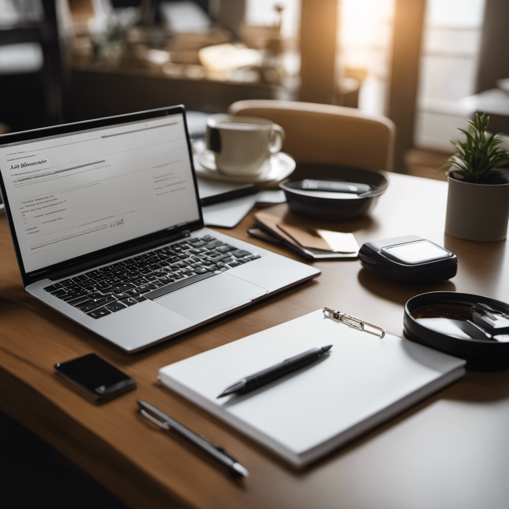 An image depicting a neatly organized desk with a laptop displaying a high-paying job application form