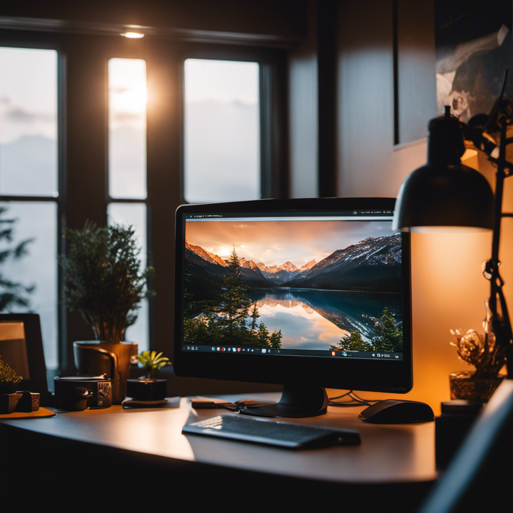 An image showcasing a cozy home office with a modern computer setup, a serene view through a large window, and a clock indicating $20 per hour or more