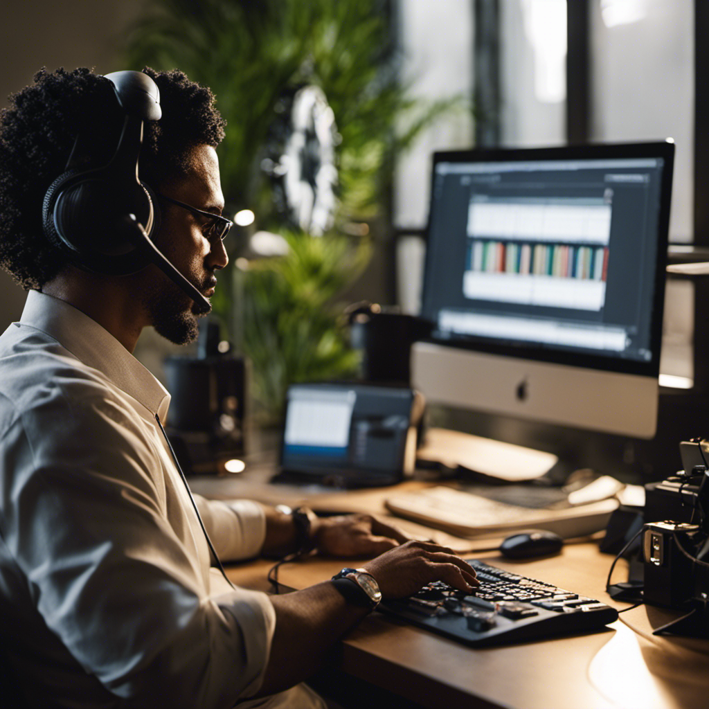 An image showcasing a person comfortably working from home, immersed in transcribing audio files