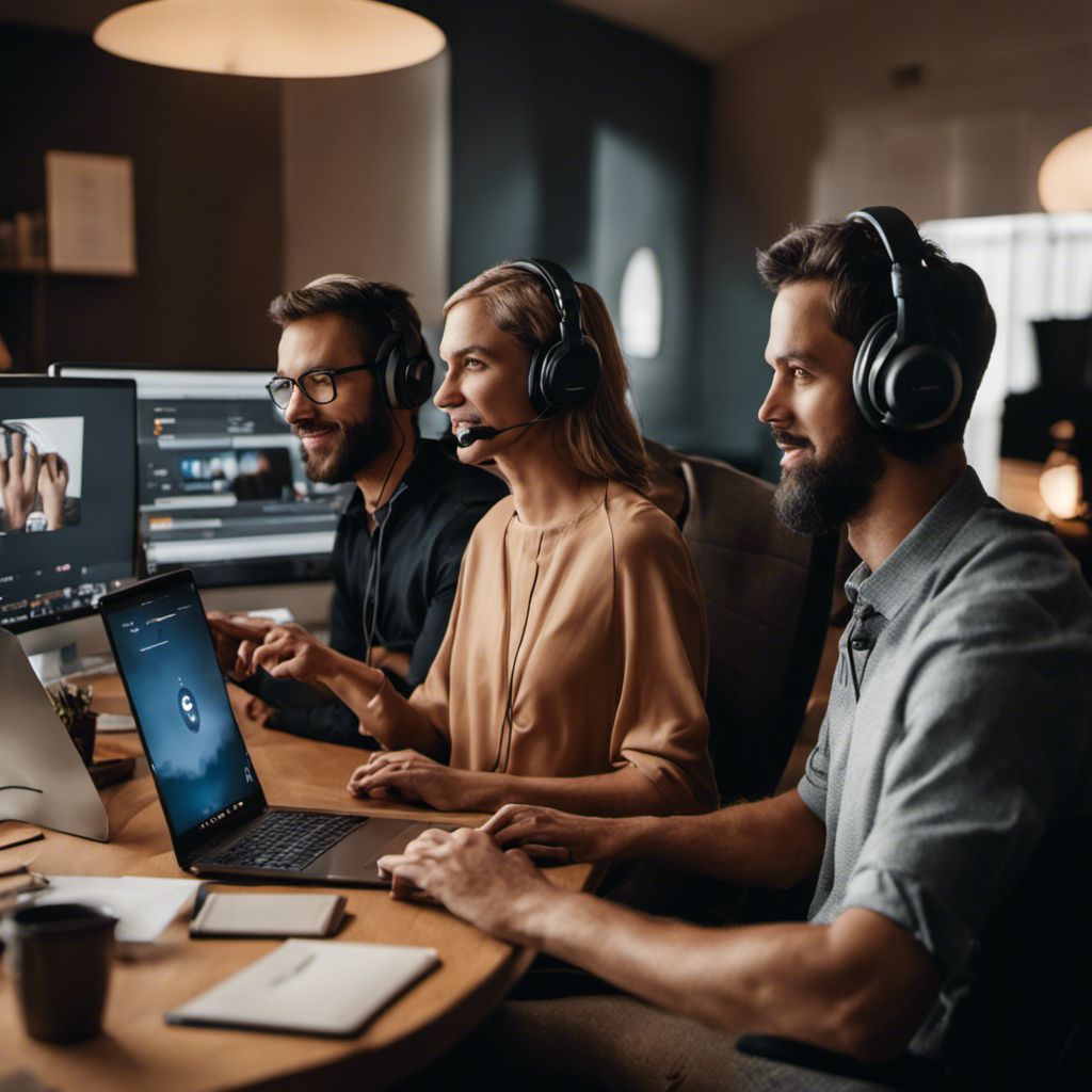 An image showcasing a diverse group of professionals working comfortably from home with laptops and headsets