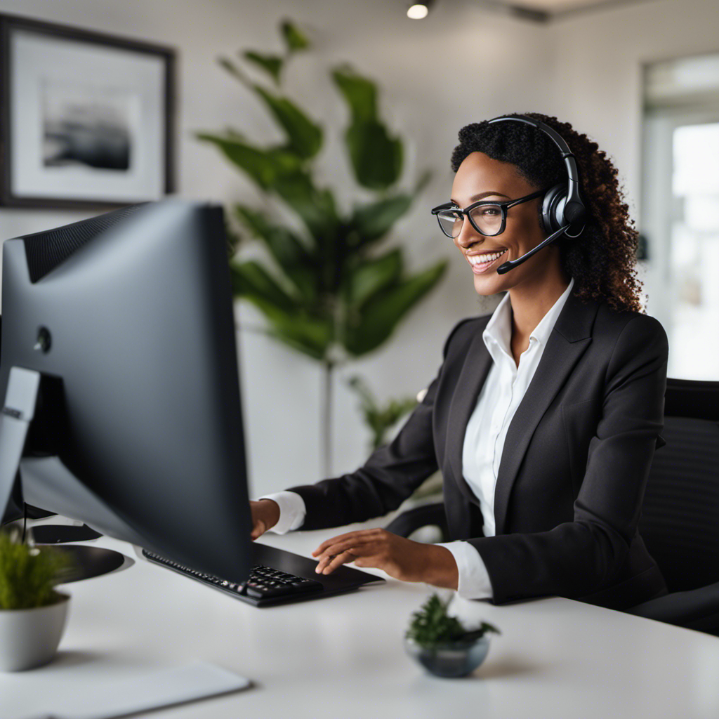 An image showcasing a cheerful customer support representative, dressed in professional attire, assisting a satisfied customer via video call