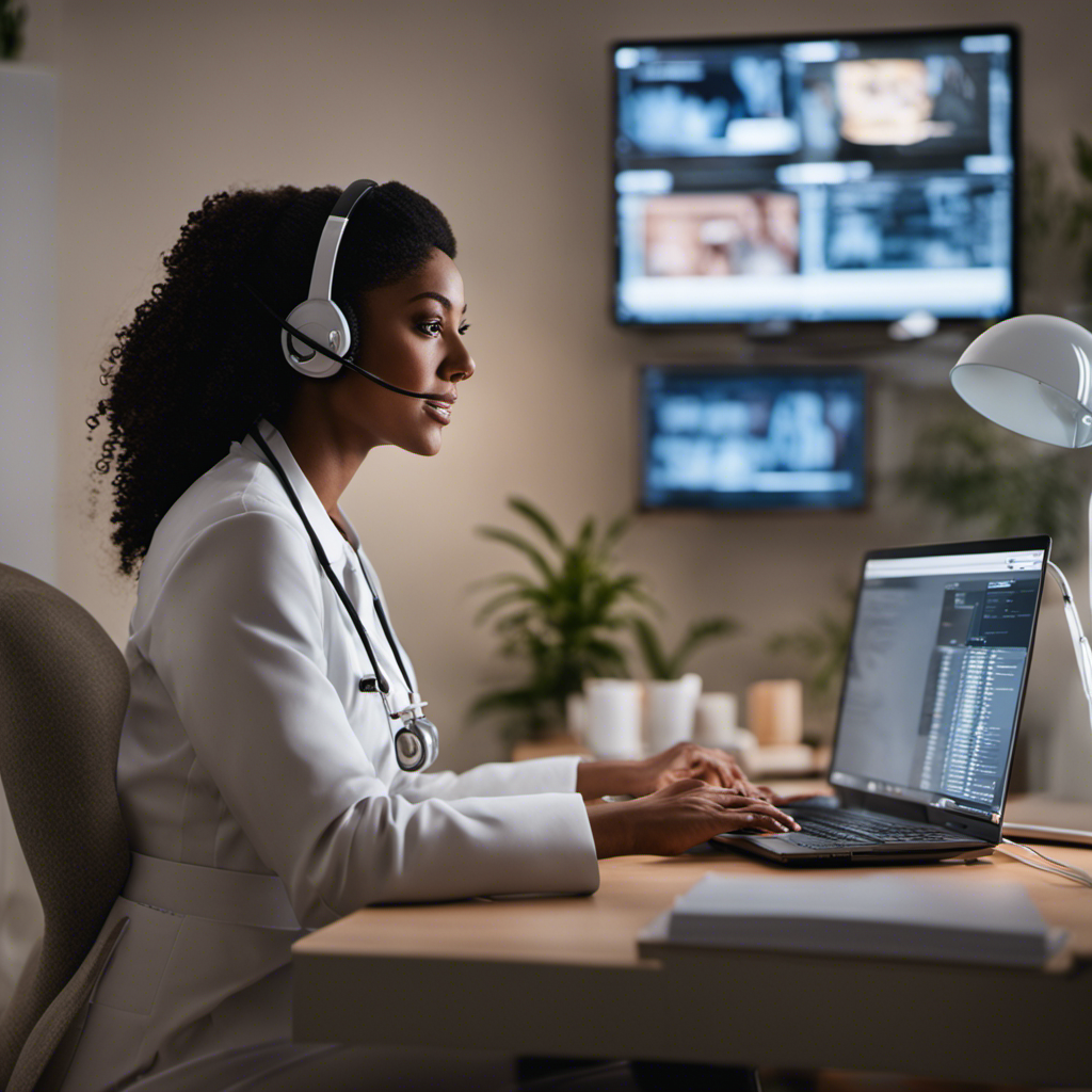 An image showcasing a nurse in a serene home office environment, engaged in a virtual consultation with a patient