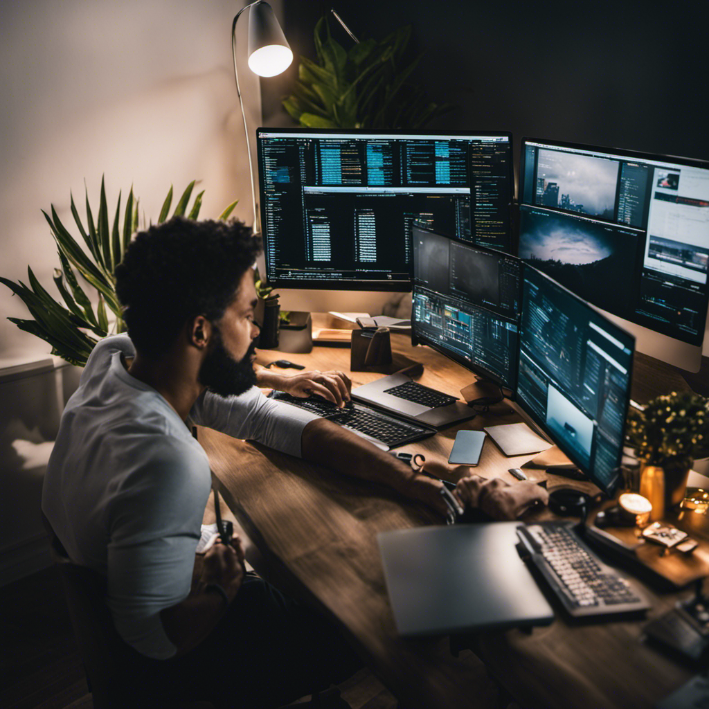 An image showcasing a professional web developer working from home, surrounded by multiple computer screens displaying sleek website designs, while counting money that symbolizes a $20 per hour salary or higher
