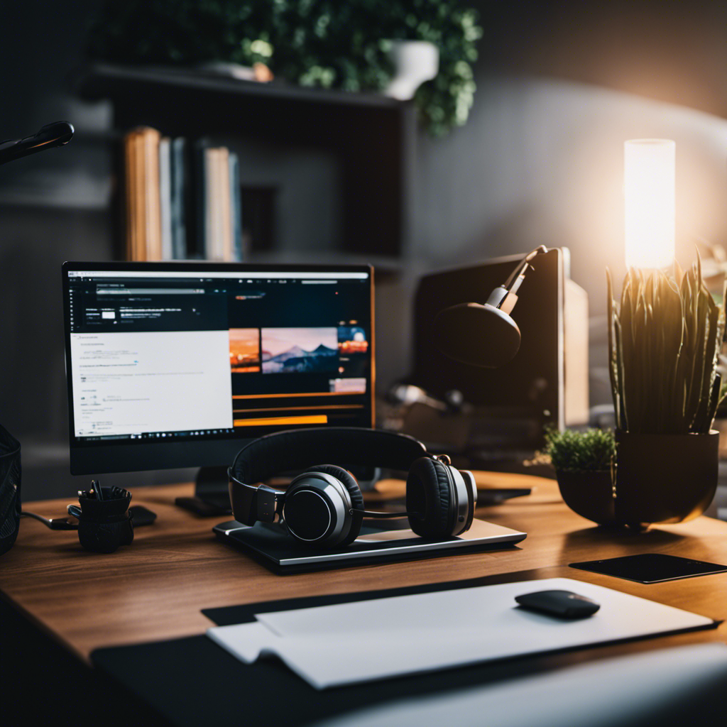 An image showcasing a professional home office setup with a modern computer, noise-canceling headphones, and a sleek desk