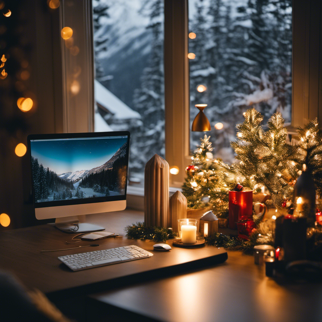 An image showcasing a cozy home office adorned with festive decor, where a virtual assistant is seen happily working