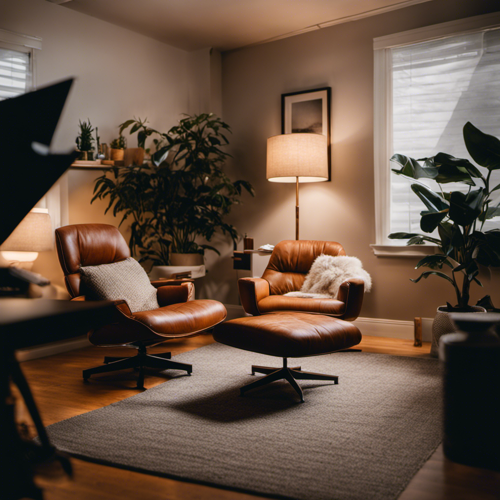 An image that showcases a serene home office with a dedicated therapy space, complete with a cozy armchair, soft lighting, and a professional-looking therapist engaging in a virtual session