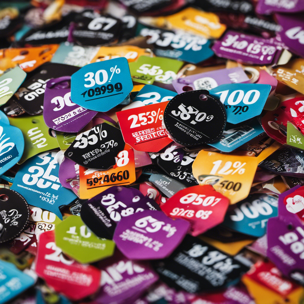 An image showcasing a collage of colorful discount tags, displaying various percentages off, alongside a shopping cart overflowing with items from different categories