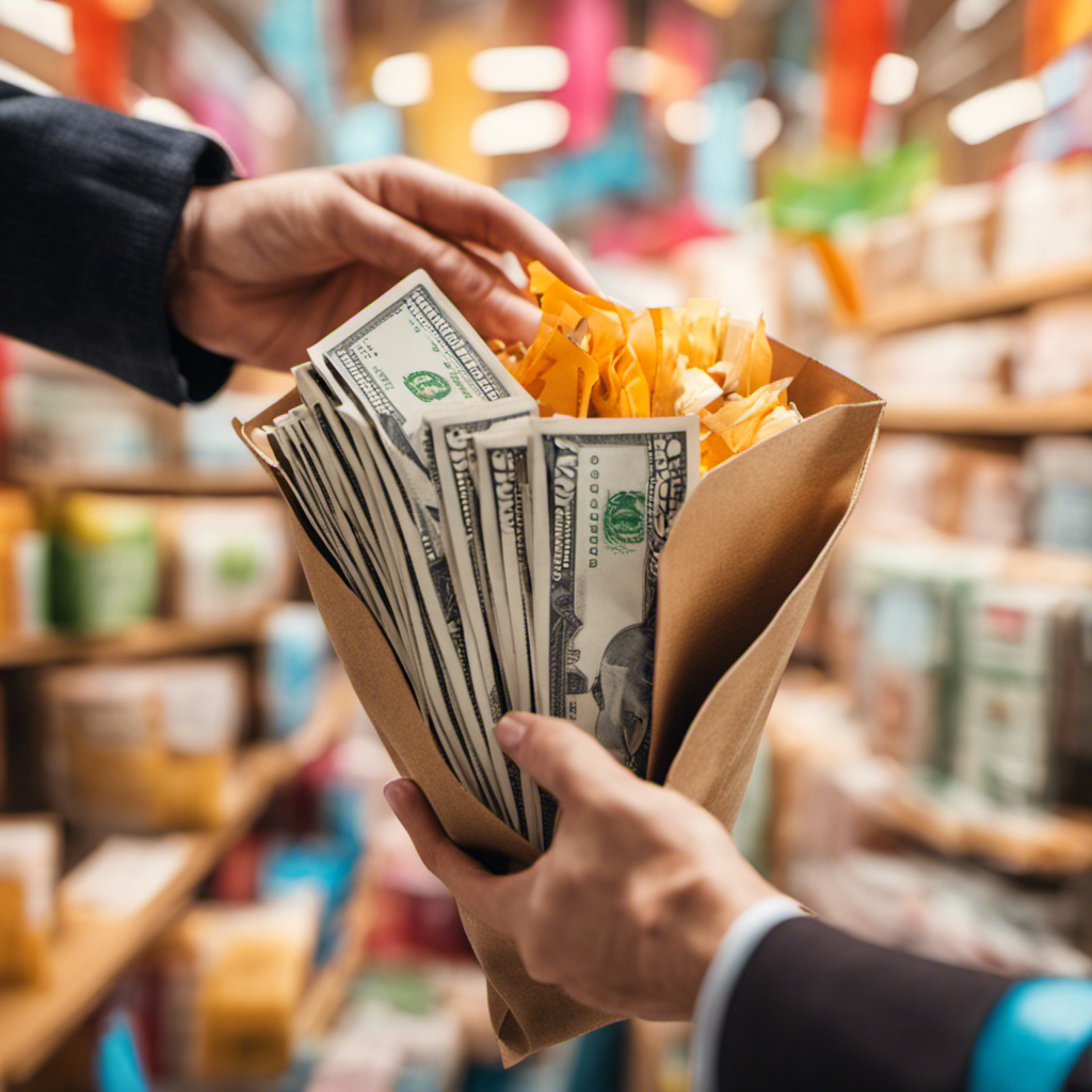 An image showcasing a person holding a shopping bag overflowing with money-saving coupons, surrounded by a vibrant backdrop of discounted products and prominent upside arrows indicating substantial savings