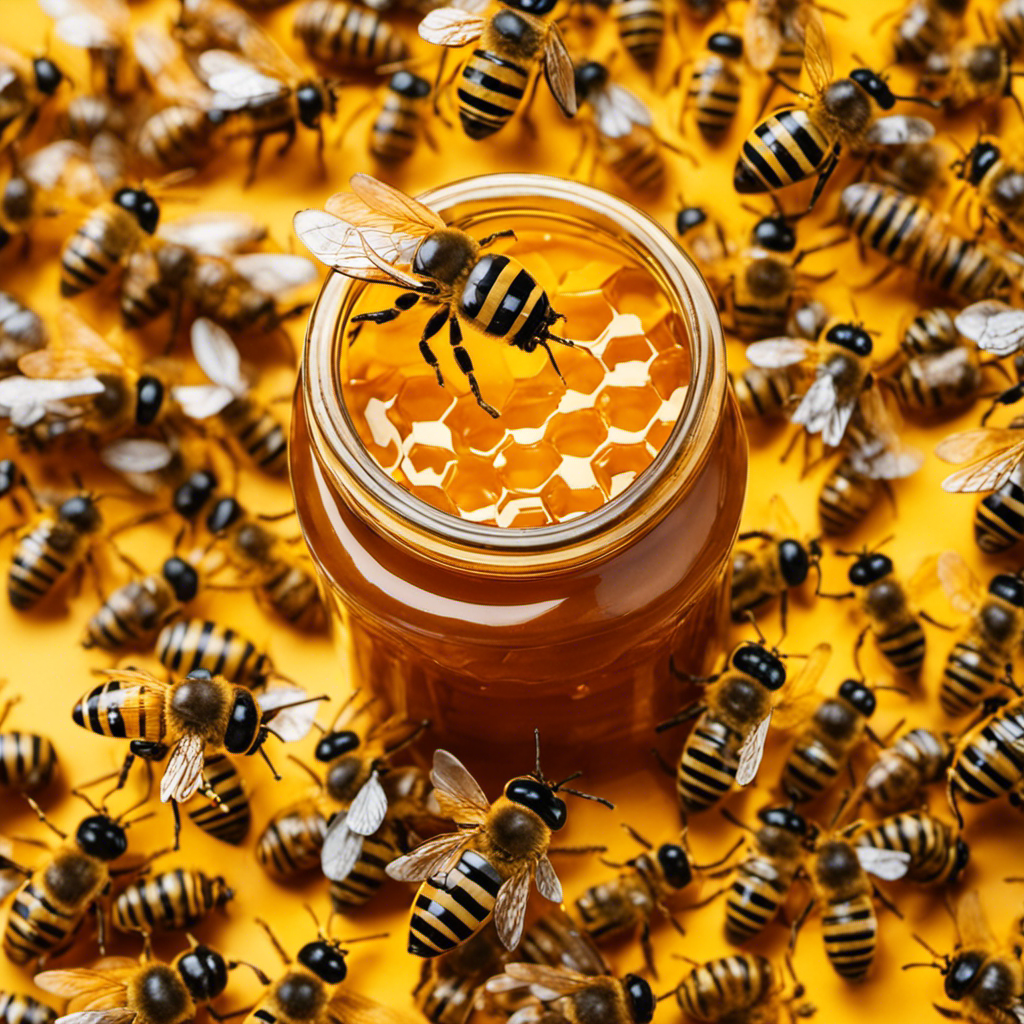 An image showcasing a vibrant, honey-filled jar surrounded by a swarm of busy bees, symbolizing the sweet savings and abundance of discounts found on the best coupon sites