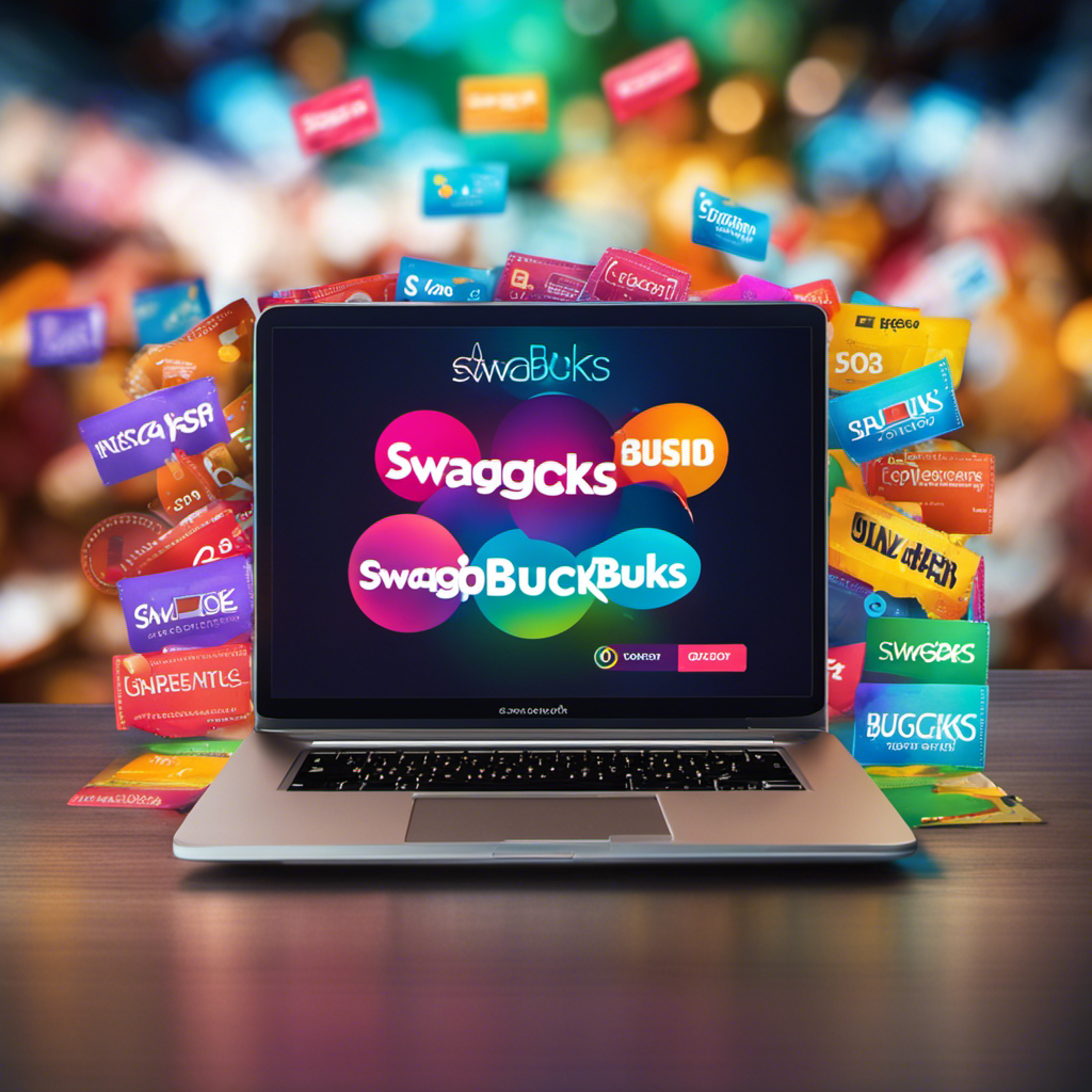 An image showcasing a laptop screen displaying Swagbucks' vibrant logo, surrounded by an array of colorful coupons and discount tags