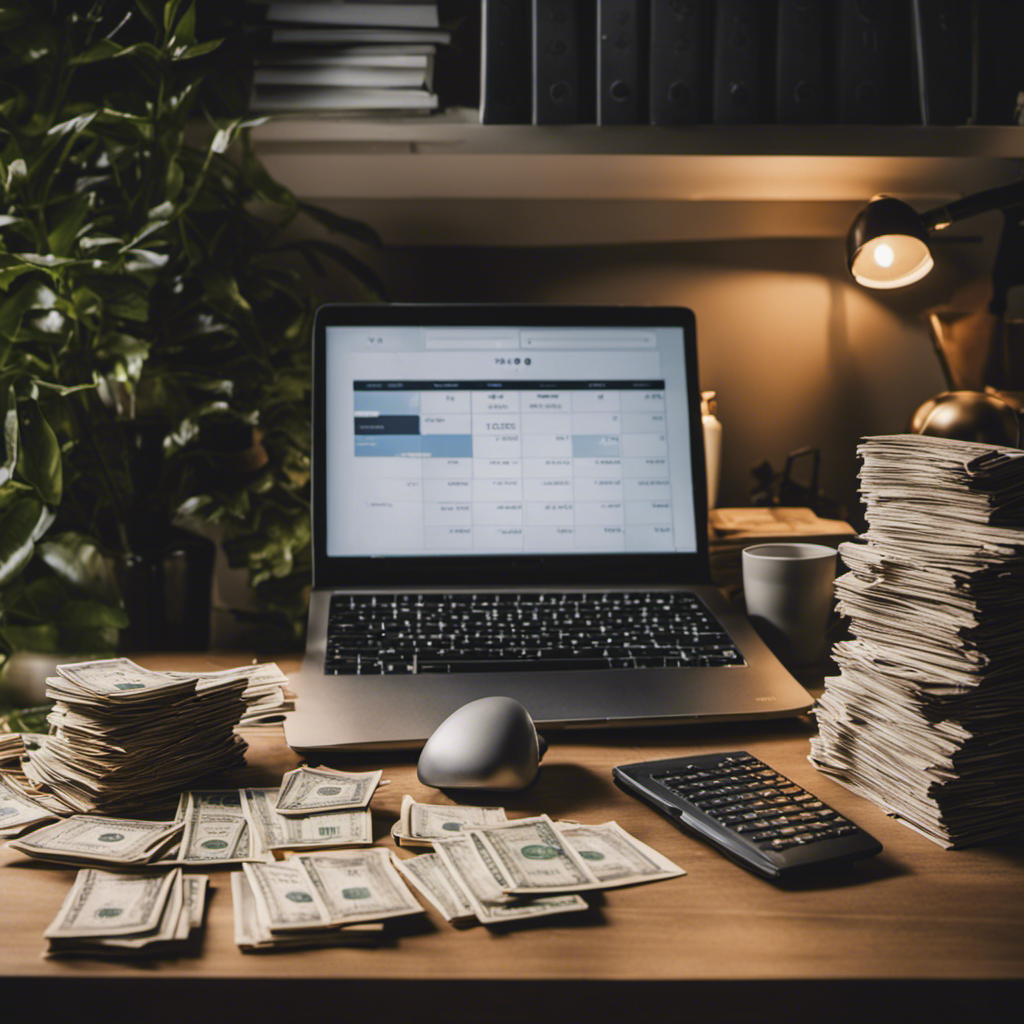 An image depicting a freelancer comfortably typing on a laptop, surrounded by stacks of money and a calendar filled with deadlines