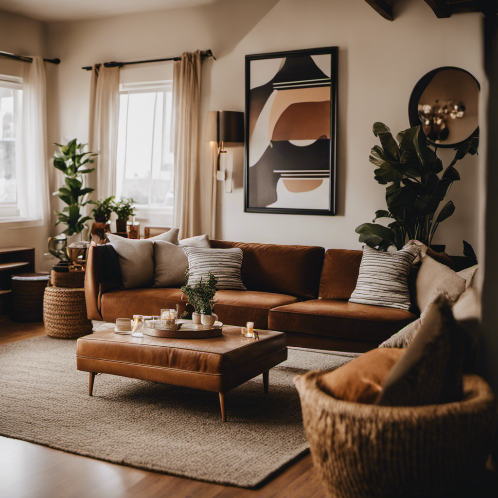 An image showcasing a cozy living room transformed into an Airbnb rental, complete with a stylish sofa, tasteful decor, a welcome basket, and guests enjoying their stay, capturing the essence of earning extra cash through renting your space