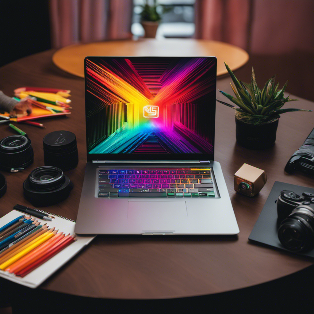 An image showcasing a sleek laptop with a vibrant screen displaying a striking logo design