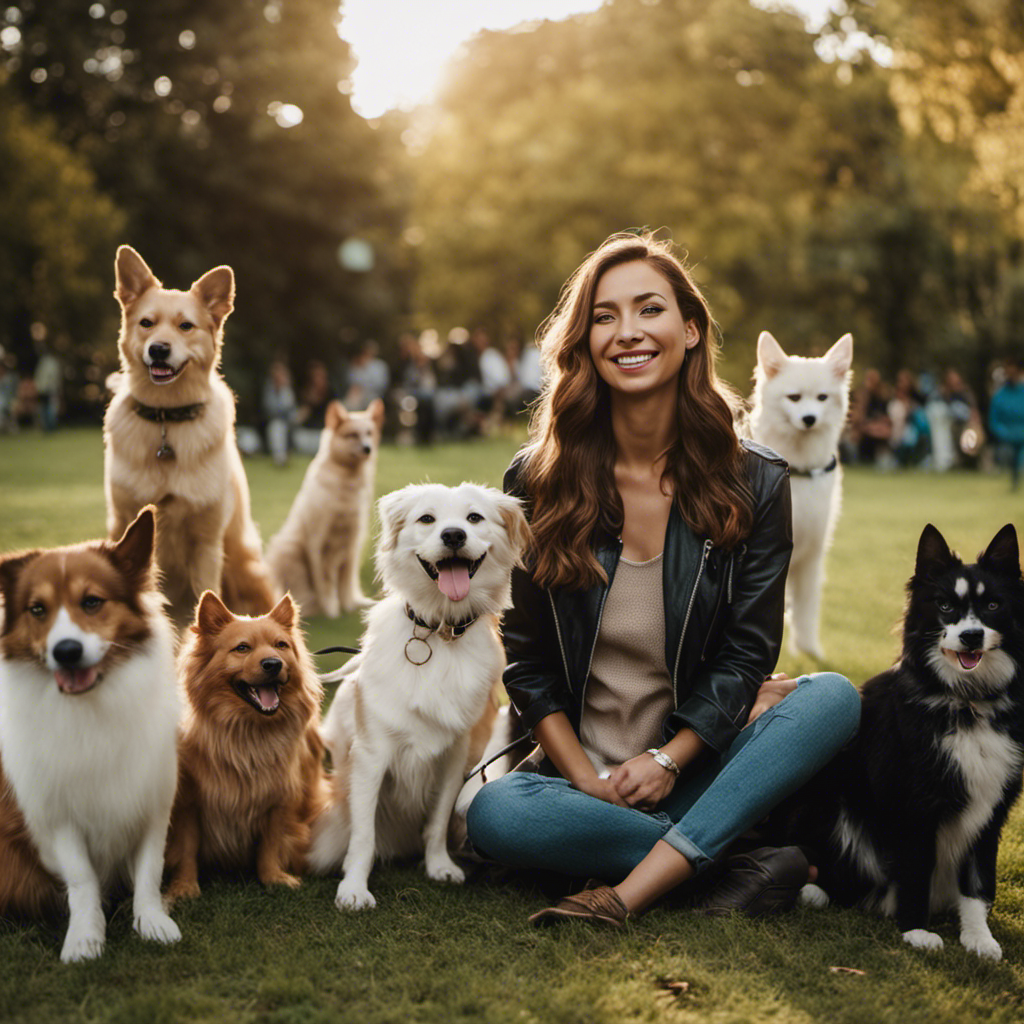 An image featuring a smiling young woman in a park, surrounded by playful dogs and content cats