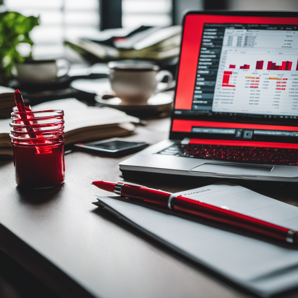 An image featuring a laptop displaying a spreadsheet with neatly organized financial data, alongside a stack of books and a red pen