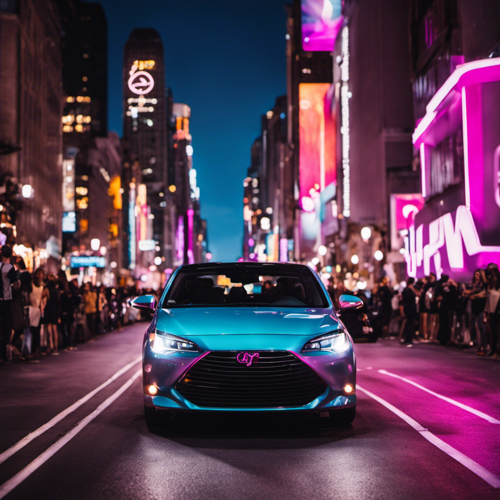 An image showcasing a car with a brightly lit Lyft logo on the windshield, parked outside a bustling city street, as a queue of excited passengers eagerly wait to hop in, symbolizing the lucrative side hustle of ride sharing