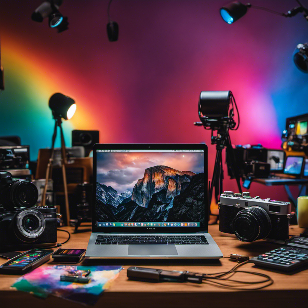 Nt image capturing a laptop surrounded by various items symbolizing diverse side hustles - a camera for photography, a paintbrush for art, a microphone for podcasting, and a calculator for finance