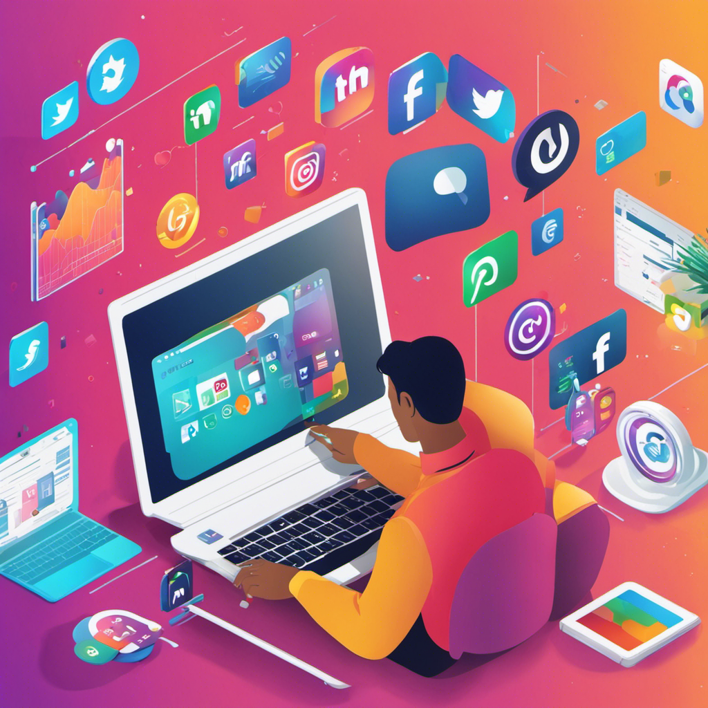 An image showcasing a person working on a laptop, surrounded by colorful social media icons, charts illustrating growth, and a schedule planner, capturing the essence of being a successful and efficient social media manager
