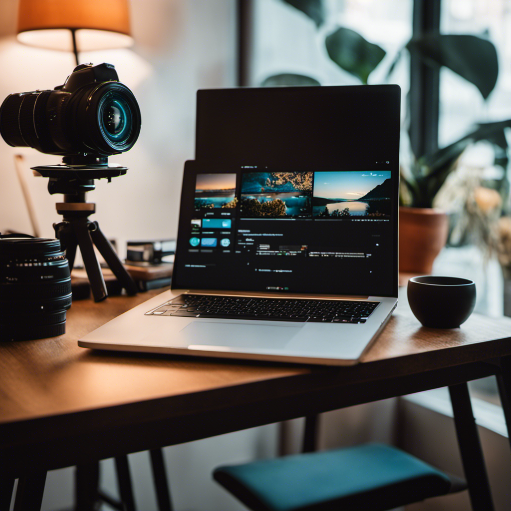 An image showcasing a stylish workspace, featuring a sleek laptop with a vibrant screen displaying a captivating blog post, while a high-quality camera and tripod stand nearby, ready for YouTube content creation