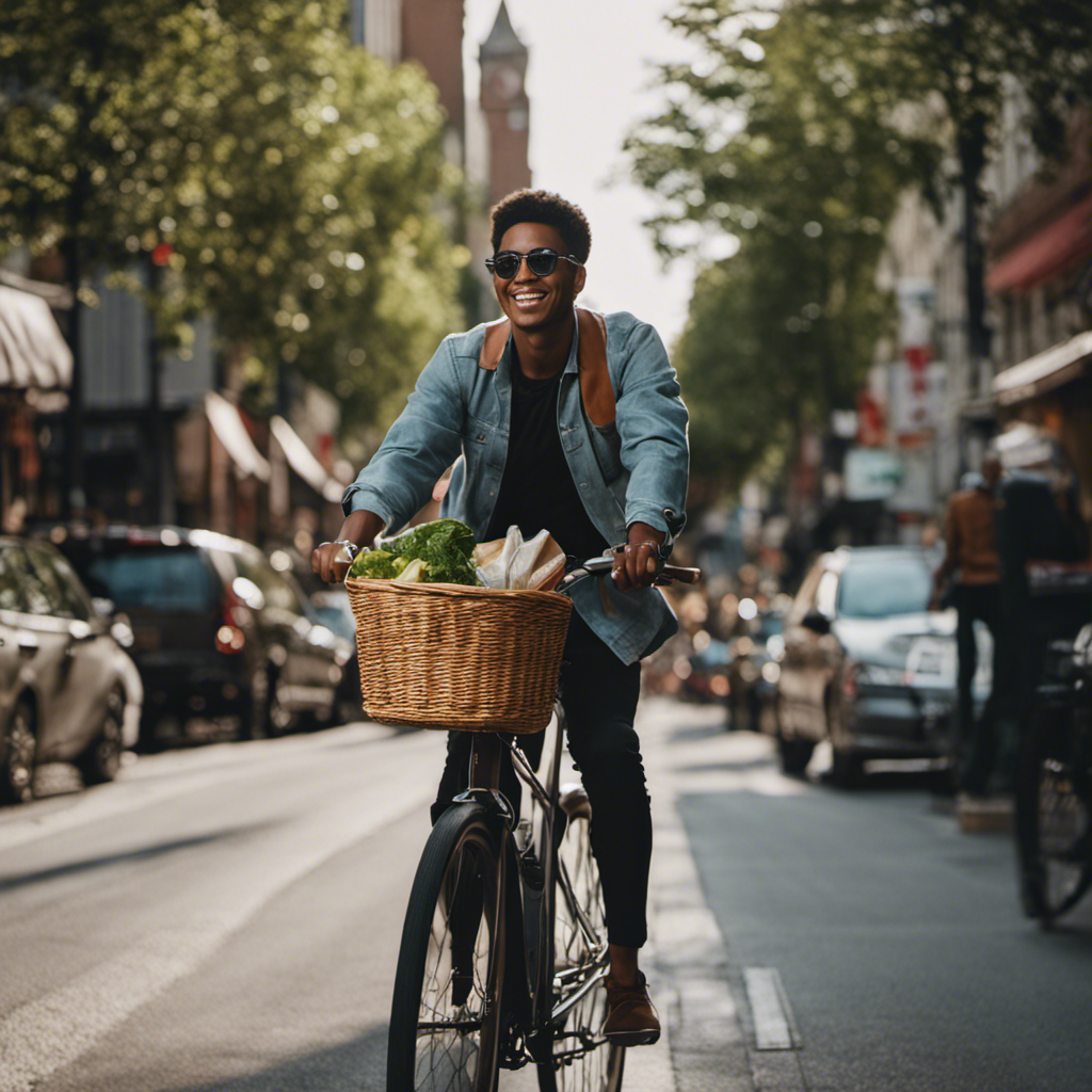 An image showcasing a person on a bicycle, effortlessly navigating through a bustling city street, delivering bags of fresh groceries and a bag of takeout food with a satisfied smile on their face